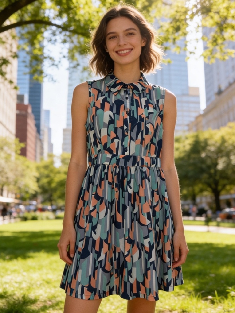 Forever 21 Geometric Print Sleeveless Shirt Dress Blue Peach Medium